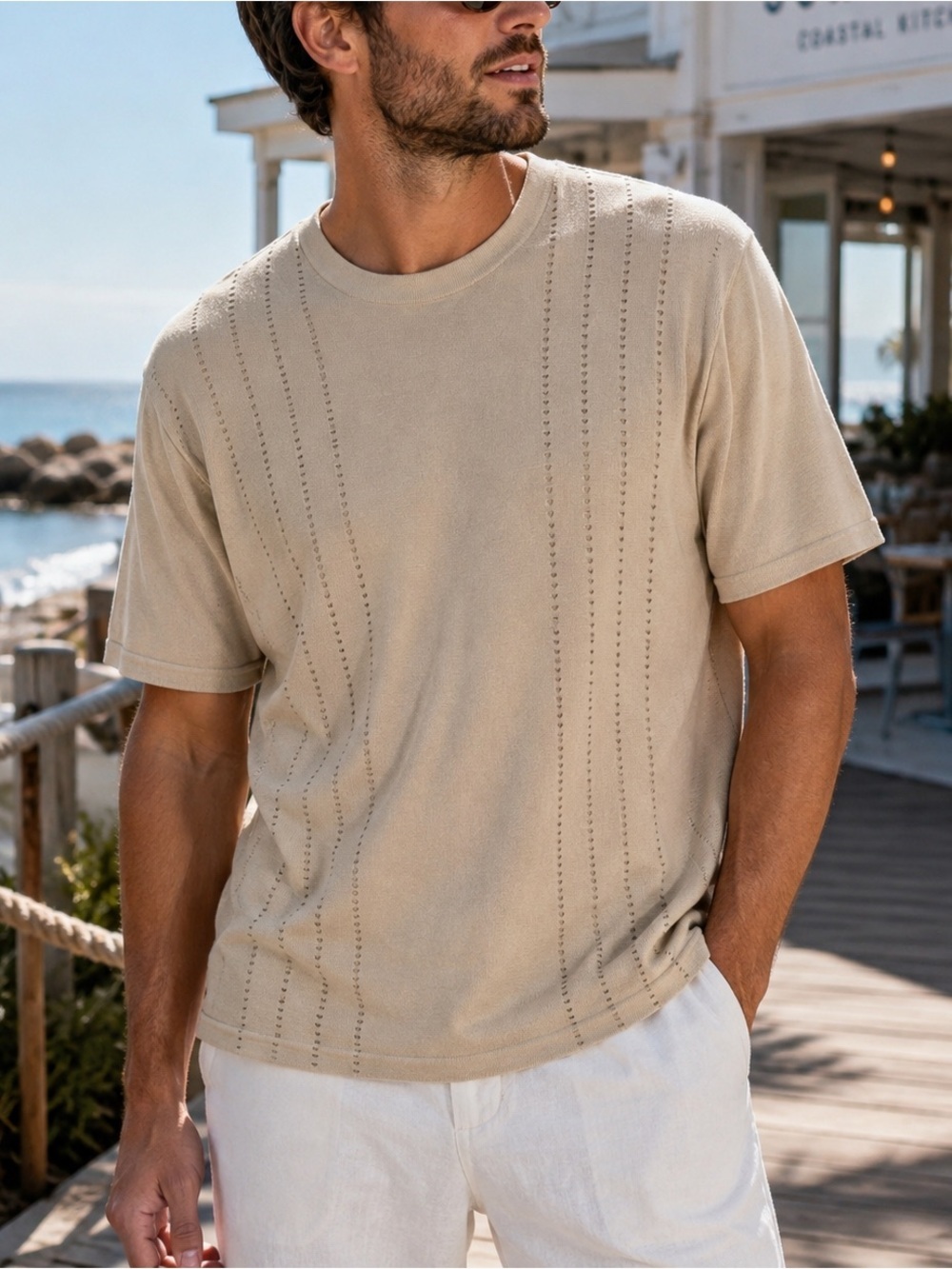 Wilke Rodriguez Men’s XL Beige Pointelle Knit Short Sleeve Shirt Cotton Rayon